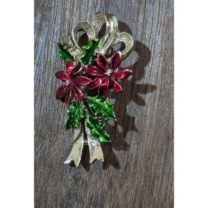 Vintage Christmas Floral Brooch Pin With Red Poinsettia & Green Holly